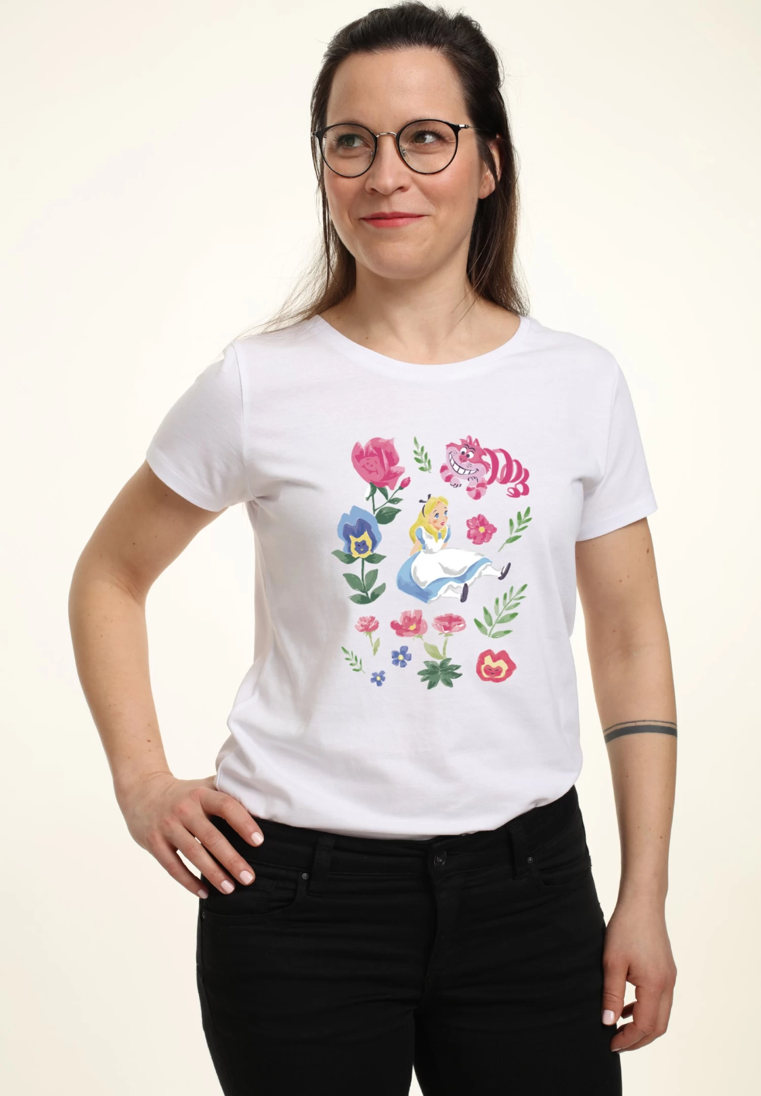 Disney Alice In Wonderland Alice Friends Flowers - T-Shirt Print - White 4 Disney Alice In Wonderland Alice Friends Flowers - T-Shirt Print - White - Afbeelding 4